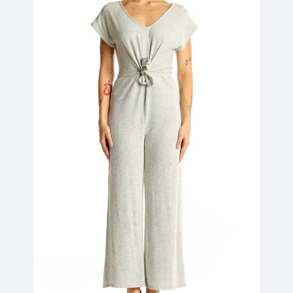 CAUTION TO THE WIND Gray Ribbed Tie-Front Jumpsuit size M - Picture 1 of 7